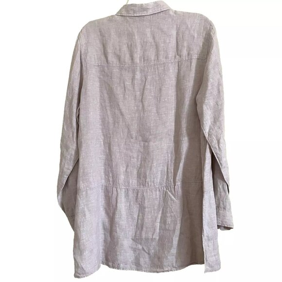 Tahari Linen Tunic Top Shirt Large Button Front Roll Tab Sleeve Neutral Capsule - Picture 2 of 8